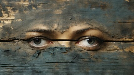 Poster - A close up of a person's eyes behind a piece of wood. Generative AI image.