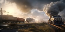 Train On The Rails, CGI Composition Of Ship, Train, Truck, And Plane, Showcasing Attention To Atmospheric Effects And Dynamic Action
