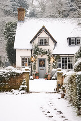 Beautiful country cottage decorated for Christmas on a snowy winter day, holiday and celebration, generative ai