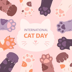 international cat day greeting card. cute cats paws. vector illustration in flat style