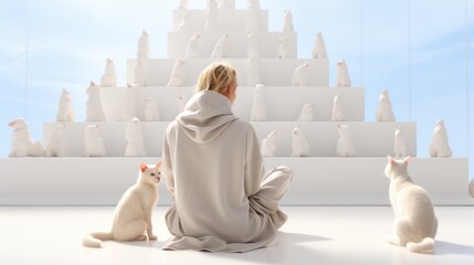 Wall Mural - A woman sitting in front of a pyramid of cats. Generative AI image.