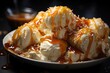 Medium shot, a scoop of artisanal vanilla ice cream, detailed texture of the icy dessert. Generative AI