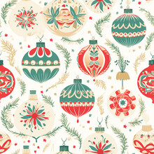 Christmas Ornaments And Decoration Seamless Pattern, Holiday Christmas Tree Baubles, Tileable Country Style Print For Wallpaper, Wrapping Paper, Scrapbook, Fabric And Product Design, Generative Ai
