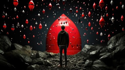 Sticker - A man standing in front of a red object. Generative AI image.