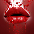 © V-anila - Red Lips background with red paint splash. Woman's open mouth with red lipstick on red and white background. Art design with red color splash. Sexy red lips with fashion red lipstick makeup. AI