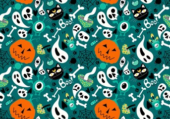 Halloween cartoon pumpkins and cat seamless bones and ghost and mushrooms and poison pattern for wrapping