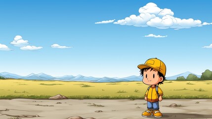 Sticker - A boy in a yellow hat standing in a field. Generative AI image.