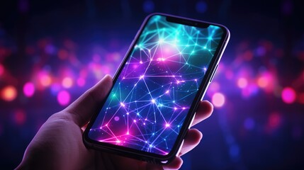 Modern mobile phone in the hand, close-up. Bright, image of AI technologies on the smartphone screen