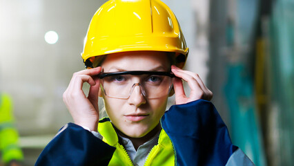 Close up of beautiful Caucasian woman in helmet taking on goggles and smiling to camera. Indoors. Young female worker of plant in hardhat wearing protectional glasses. Protection concept. Portrait.