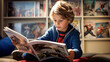 © PHdJ - Boy reading a Comic Book with comic books blurred in the background, happy, occupied