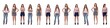 line of  the same girl in different outfits on white background