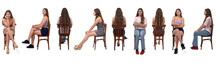 Line Of  The Same Girl In Different Outfits Sitting On Chair On White Background