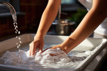 Canvas Print - Using a sponge and baking soda, a woman diligently cleans a white sink, ensuring a pristine and hygienic appearance. Generative Ai.