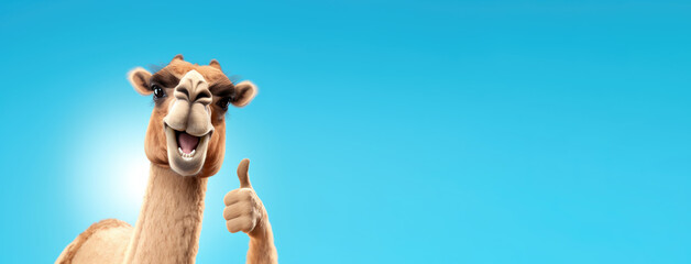 Cute funny camel, smiling, showing approving thumbs up to appreciate good work or product. Wide banner with copy space side. Generative AI