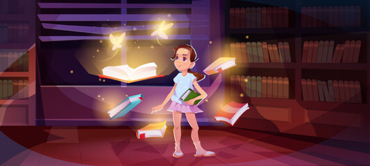 Books with magic. Kid in magic library with flying textbooks at night. Young girl in bookstore room or bookshop. Magician character reads fairy tales or stories. Cartoon flat vector illustration