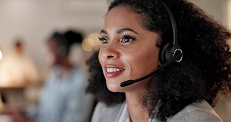 Poster - Call center, support and headset with an african woman consultant talking on a call for help or assistance. Customer service, lead generation or insurance with a female employee working in sales