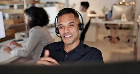 Aufkleber - Call center, talking and business man, agent or consultant in virtual communication, information technology and night support. Software advice and latino person consulting on computer for IT solution