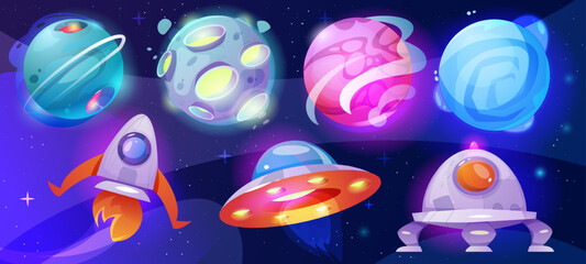 Wall Mural - space planet icons set. spheres and flying saucers, rockets and stars in universe. cosmic elements i