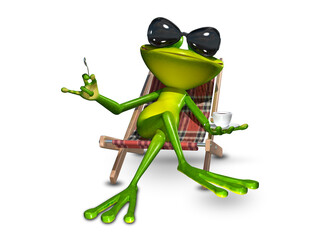Wall Mural - 3d Illustration of a frog in a deck chair with a cup of coffee