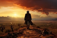 A Lone Cowboy Standing Under The Expansive Desert Sky At Sunset. Generative AI