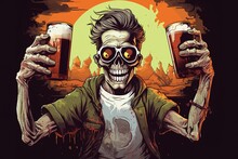 Cartoon Illustration Of Zombie Drinking Beer. International Beer Day Conceptual Banner