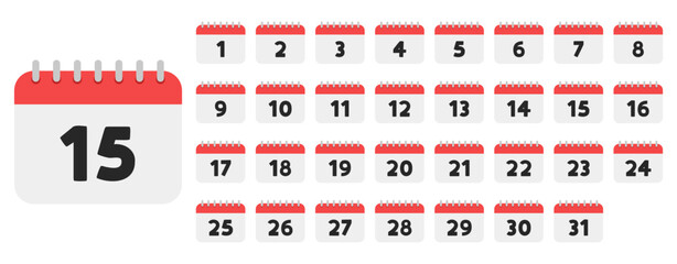 Leinwandbilder - Vector calendar icons by month dates. Red daily calender icon. Set of callendar icons with the dates of the month. A set of sheets of a flip calendar with the numbers of the month from 1 to 31.