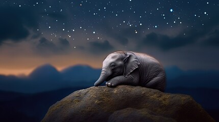 Wall Mural - Baby elephant sleeping on stone high in the sky. Generative AI