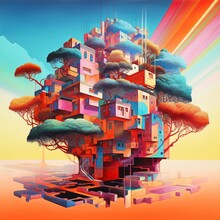 colorful painting of a city with houses and a tree, generative ai