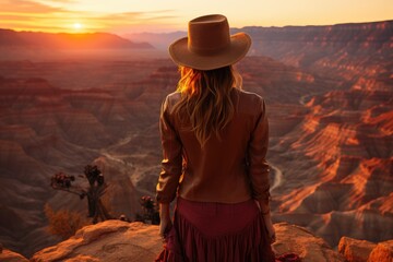 A wanderlust - infused woman at the edge of the majestic Grand Canyon during sunset. Generative AI