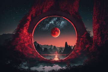 Wall Mural - Giant red portal in the rocks with red moon. Generative AI