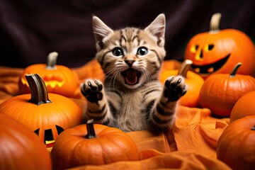 Funny kitten raised his paws up, among small jack-o'-lantern pumpkins