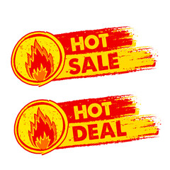 Poster - hot sale and deal on fire banners - text in yellow and red drawn labels with flames signs, business shopping concept