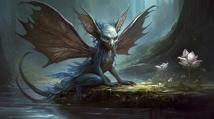 Wall Mural - Futuristic evil fairy creature. Fantasy winged creature. In style of vector illustration. Generative AI