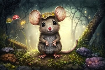 Wall Mural - Cute mouse in fantasy forest. Cartoon mouse. In style of vector illustration. Generative AI