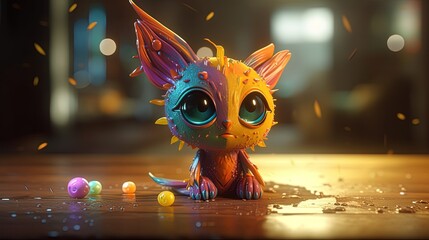 Wall Mural - Cartoon cat creature. Fantasy cat yellow toy. Generative AI