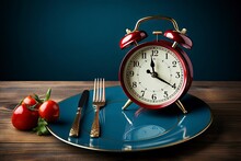 Intermittent Fasting Concept Image. Plate And Table Time Between Vegetables. Generative AI