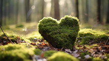 Forest Dig Cemetery, Funeral Background - Closeup Of Wooden Heart On Moss. Natural Burial Grave In The Woods. Tree Burial
