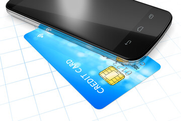 Poster - 3d rendering of a smartphone and a credit card for mobile payment