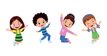 Jumping Kids. Happy Funny Children Playing And Jumping In Different Action Poses Education Little Team Vector Characters. Illustration Of Kids And Children Fun And Smile