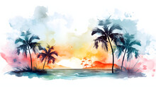 Holiday Summer Travel Vacation Illustration - Watercolor Painting Of Palms, Palm Tree On Teh Beach With Ocean Sea, Design For Logo Or T Shirt, Isolated On White Background 
