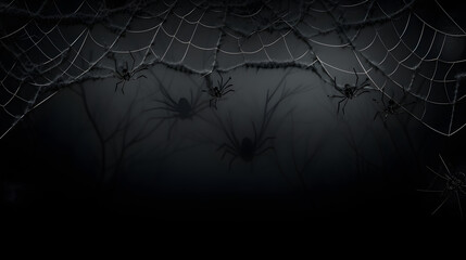 Real creepy spider webs silhouette isolated on black banner panorama - Halloween background template 
