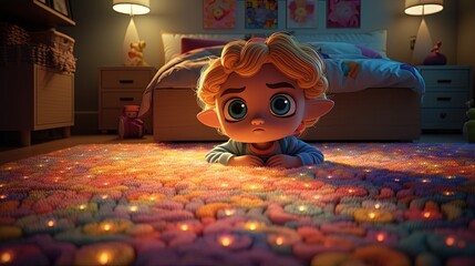 Wall Mural - Cute cartoon child laying on glowing carpet. Generative AI