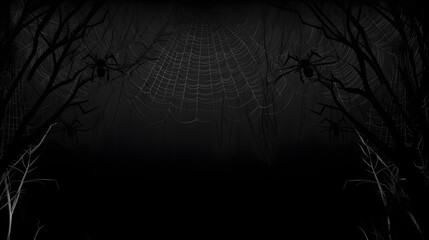 Real creepy spider webs silhouette isolated on black banner panorama - Halloween background template 
