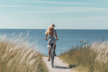 Poster - A senior woman riding a bike down a path next to the ocean. Generative AI.