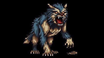 Wall Mural - Scary werewolf in style of pixel art illustration. Generative AI