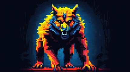 Wall Mural - Scary werewolf in style of pixel art illustration. Generative AI