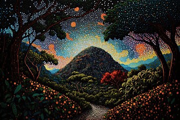 Wall Mural - Magical island in style of pointillism illustration. Fantasy landscape. Generative AI