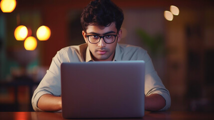 Very focused young Indian man distance learning on his laptop, Asian male entrepreneur studying his shares online, surfing the web, browsing the internet, online webinar training