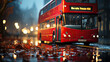 A red double decker bus driving down a wet street. Generative AI.