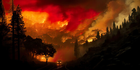 Wall Mural - A wildfire, forest fire, burning forest disaster.